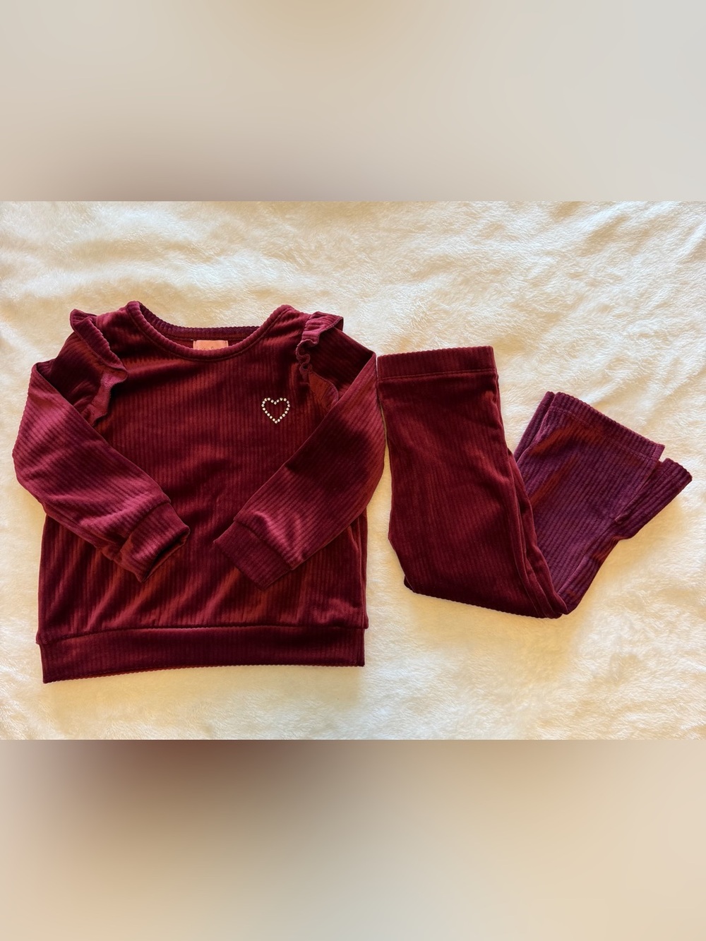 Lucky Penny Girls 2T Burgundy Velour Rhinestone Heart Flare Leg 2-Piece Set